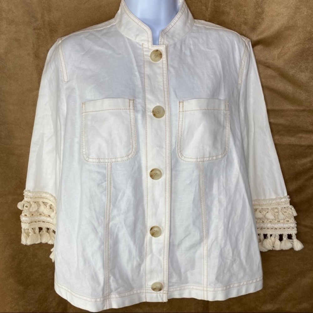 Chico’s Cream Linen Jacket Ornate Sleeves …2021